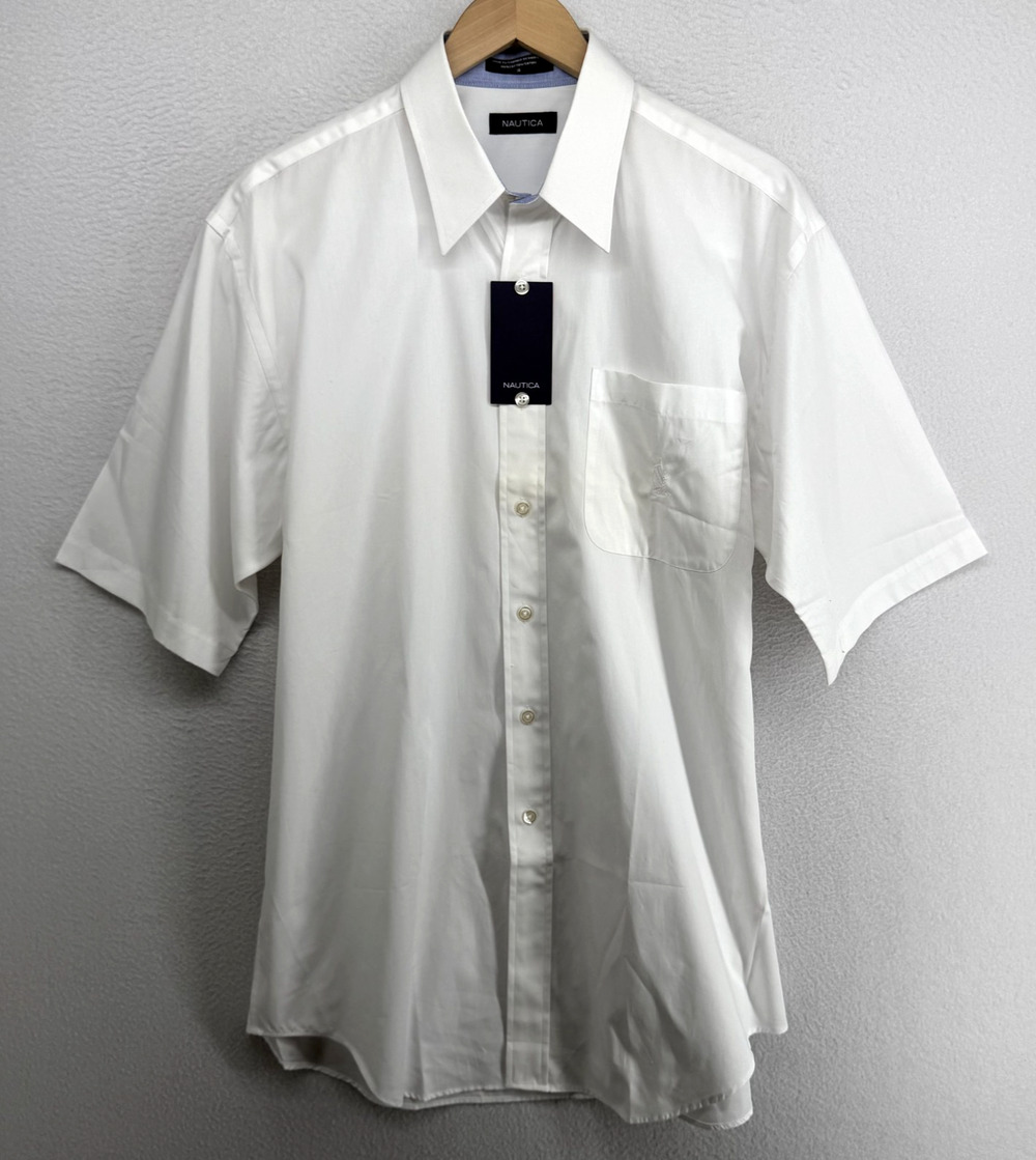 NAUTICA Shirt Mens 16 Oxford Dress Button Up Short Sleeve Cotton White NEW